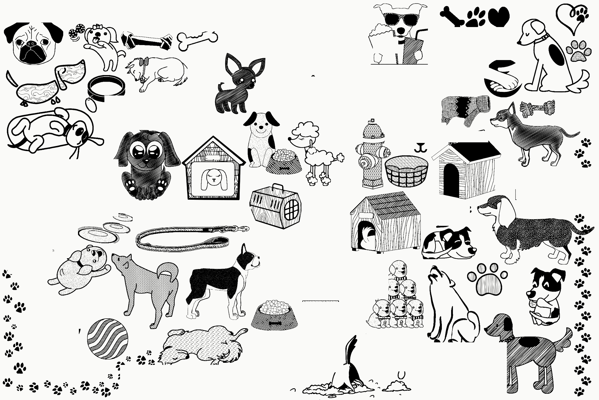 black and white doodle collage of dogs, paw prints, and bones